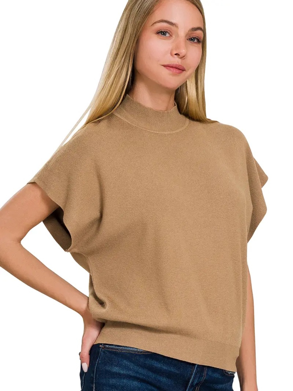 Women's Camel Short-Sleeve Mock Neck Sweater